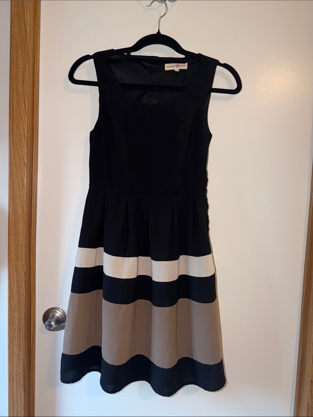 Altar'd State Black, Cream & Taupe Striped Fit-and-Flare Midi Dress
